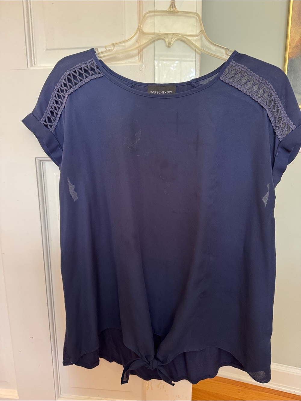 Fortune & Ivy Navy Crochet-Shoulder Tie-Hem Blouse